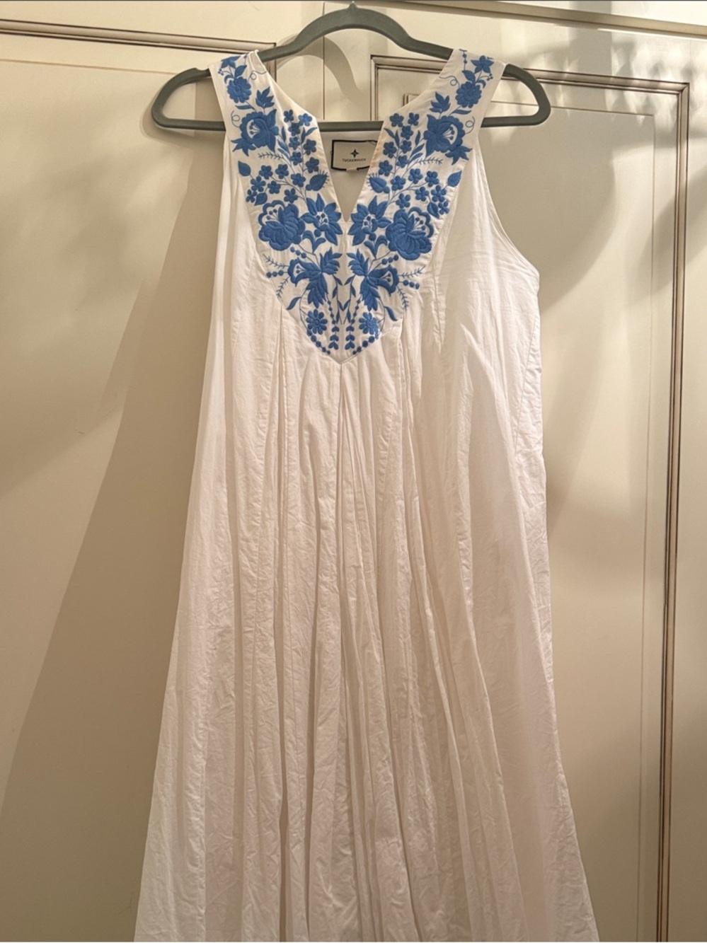 Tuckernuck White Maxi Dress with Blue Floral Embroidery